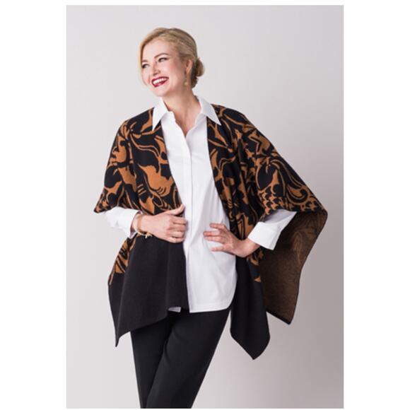 Ming Wang Knit Poncho Cape Wrap Rust Brown Black Printed Hope Wrap O/S New - Picture 1 of 15